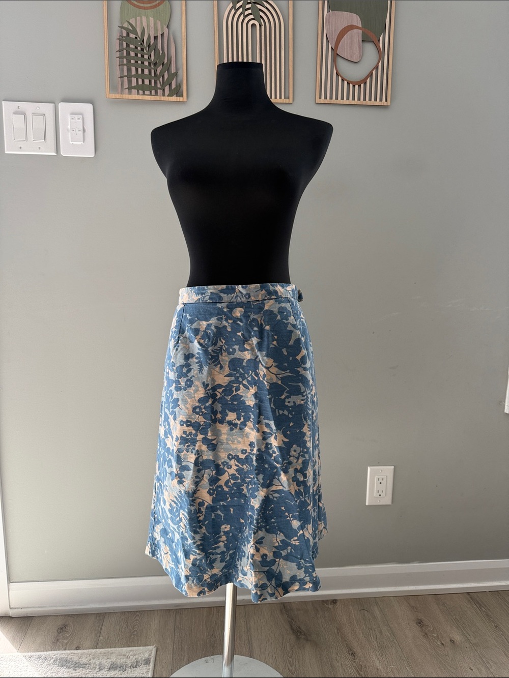 L.L. Bean Blue and Cream Floral Midi Skirt
